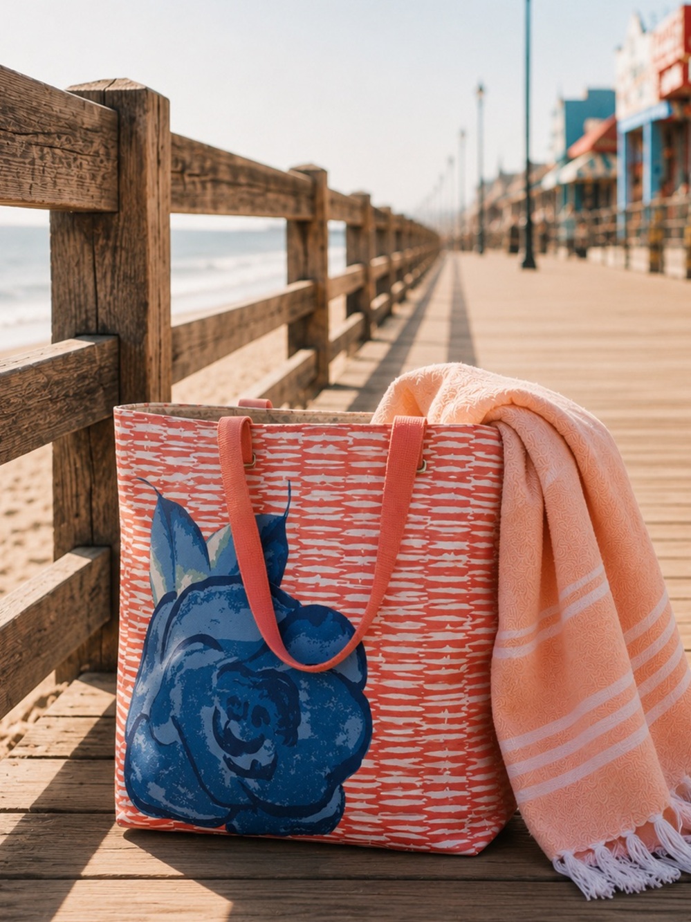Lancome Paris Blue Rose Floral Orange Tote Beach Bag Purse